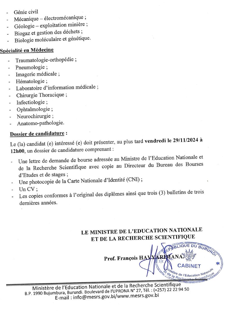 Le <a href="/bureau_et/">Burundi/Bureau des Bourses d'Etudes et de Stages</a> porte à la connaissance du public que la Chine a offert un quota de 21 bourses d'études (Master et Doctorat) au <a href="/BurundiGov/">Bureau du Premier Ministre</a> pour l'année académique 2025-2026. La date limite de dépôt des dossiers est fixée au vendredi 29/11/2024 à midi.