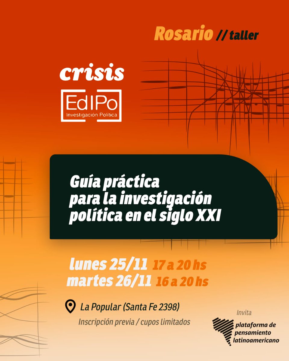 sisantafe's tweet photo. 🔍 Guía práctica para la investigación política en el siglo XXI  

Curso presencial dictado por el Equipo de Investigación Política (EDIPO).  

Con la coordinación de Mario Santucho, editor de la revista crisis. https://t.co/jcg6TrHdgn