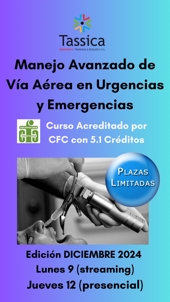 TASSICA_'s tweet photo. 🚨 ¡Plazas limitadas para el Curso MAVUE - Manejo Avanzado de Vía Aérea en Urgencias y Emergencias! 🚑🚁
🔗 Más info aquí: https://t.co/wykaK5MFH4

#MAVUE #Urgencias #Emergencias #Formación #VíaAérea https://t.co/WGw1dmgksy