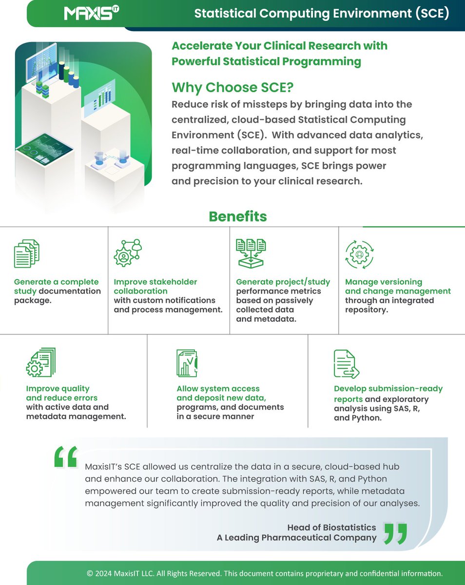 MaxisITInc's tweet image. 📊 Streamline clinical research with MaxisIT’s Statistical Computing Environment (SCE)!
✔ Centralized, cloud-based platform
✔ Supports SAS, R, & Python
✔ Submission-ready analytics
Learn More: hubs.ly/Q02YSTkh0
#ClinicalResearch #StatisticalComputing #MaxisIT