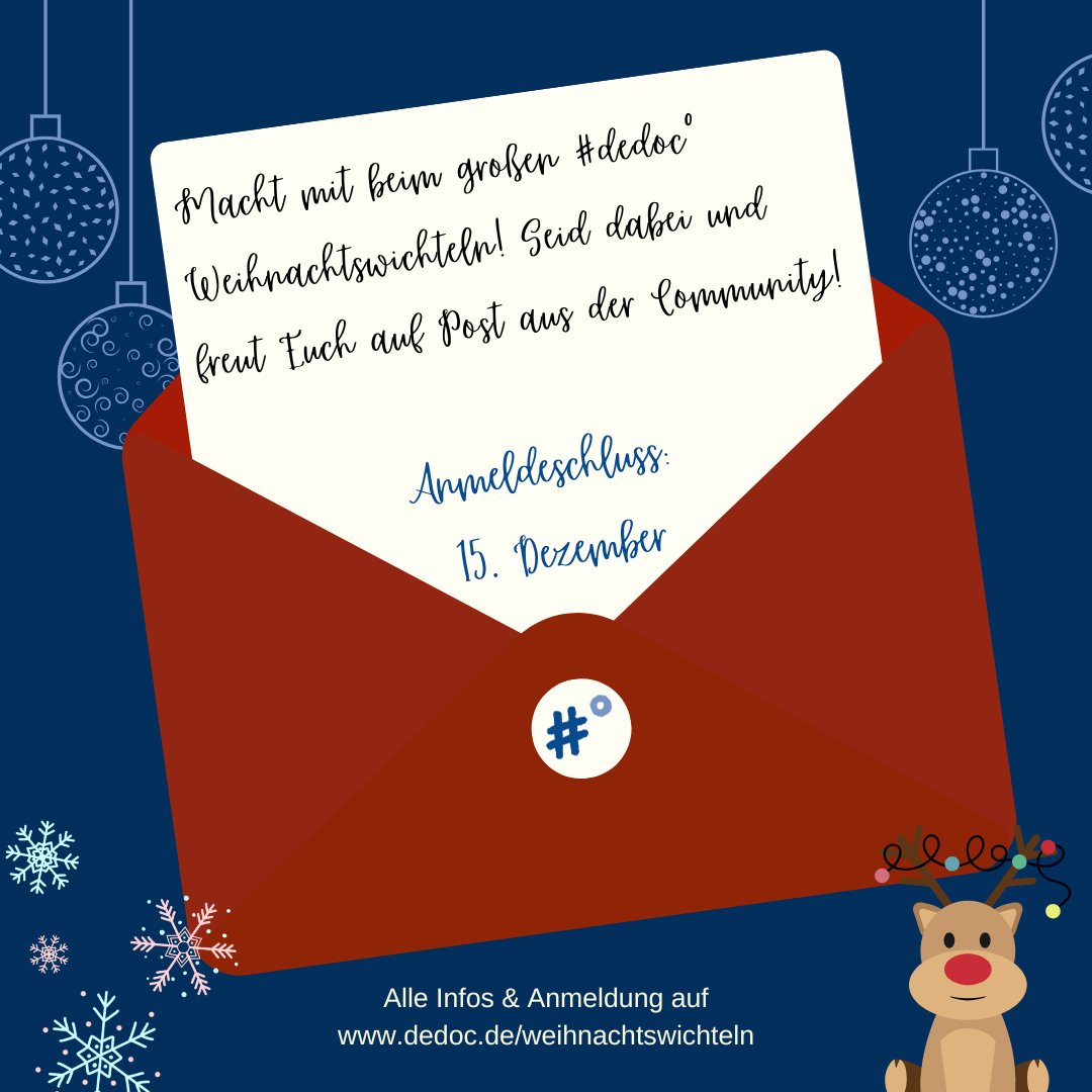 ❄️ Ho, ho, ho! Unser geliebtes #dedoc° Weihnachtswichteln geht in die nächste Runde! Meldet euch schnell an und seid dieses Jahr dabei, wenn weihnachtliche Postkarten auf die Reise durch Deutschland, Österreich und die Schweiz gehen. 💌

Infos &amp; Anmeldung: dedoc.de/weihnachtswich…