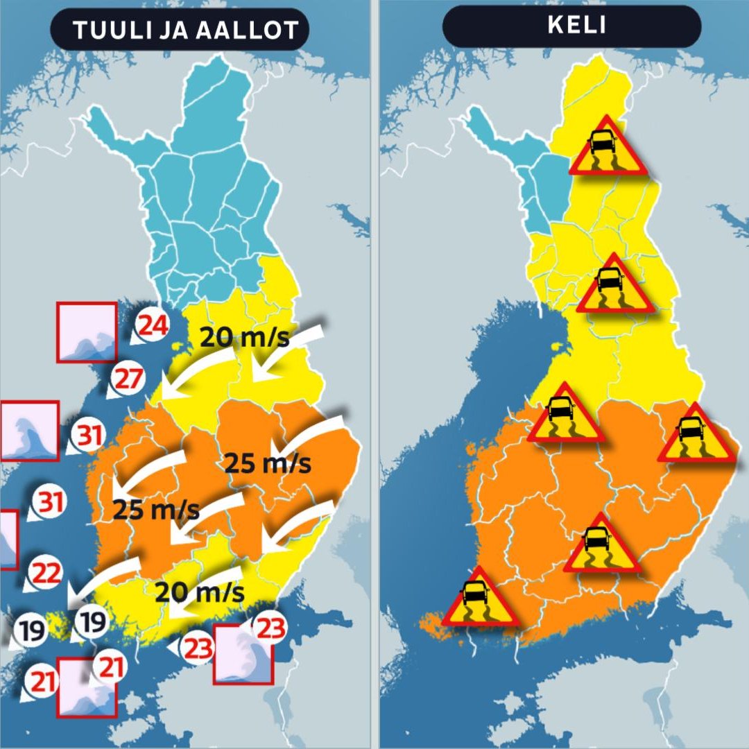 Harvemmin tulee eteen näitä lukemia. Merialueille kovimmat tuulivaroitukset 31 m/s, maallakin illalla ja yöllä 25 m/s puuskia. Keli muuttuu laajalti erittäin huonoksi.