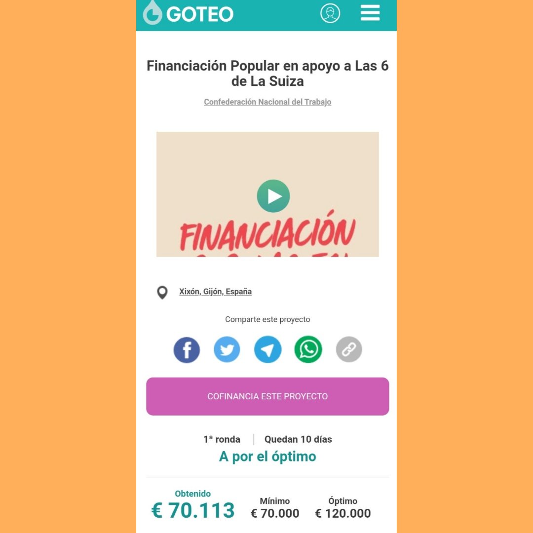 ✴️CONSEGUIDO!✴️
Muchas gracias a todos y todas por demostrar, una vez más, que la solidaridad es la ternura de los pueblos🧡

Ahora, a por el óptimo!💪🏽

#6DeLaSuizaLLIBERTÁ
#CompañeresNunTaisSoles 
#MuchasMásDe6 

<a href="/CNTsindicato/">CNT Sindicato</a>