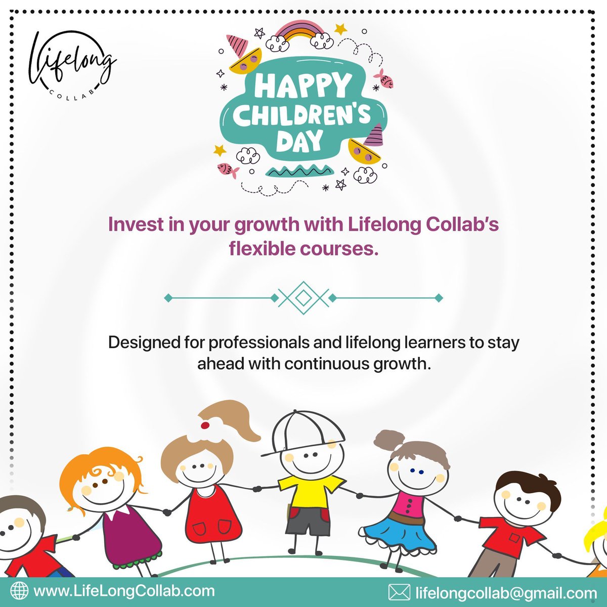 LifelongCollab's tweet photo. 🎉👧👦 Happy Children’s Day! At Lifelong Collaboration, we believe learning never stops. Invest in your growth with our flexible courses for professionals and lifelong learners. Stay ahead with continuous learning! 🌱📚 #HappyChildrensDay #LifelongLearning #GrowthMindset https://t.co/FjZnpSwjQ9