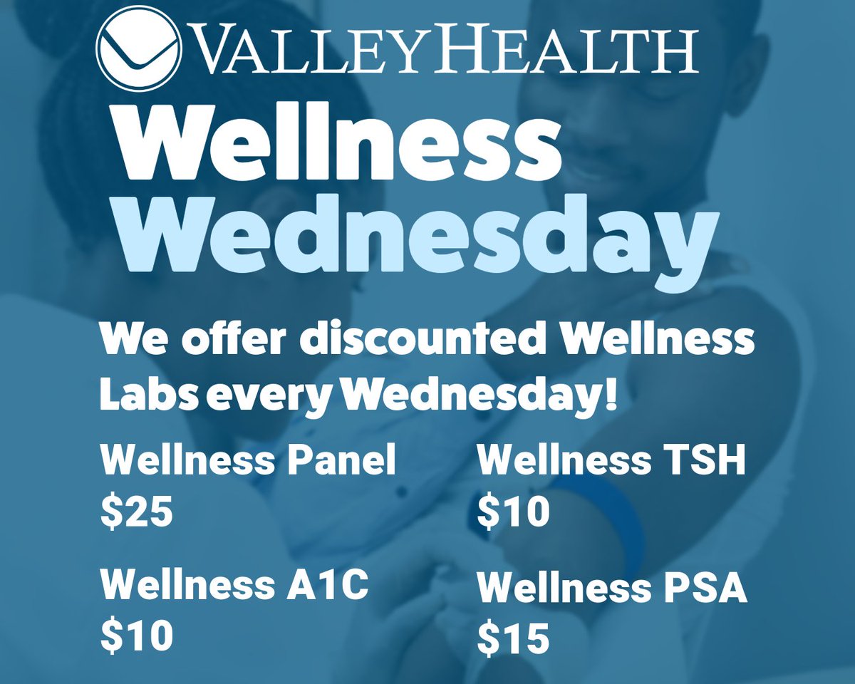 ValleyHealthWV's tweet photo. 🥼It's Wellness Wednesday at Valley Health, this Wednesday and very Wednesday! No doctor's order required, just pay up front.🥼

For more information and to find a Valley Health lab near you, visit:
https://t.co/UAd7acbPAM

#ValleyHealth #WellnessWednesday https://t.co/KfmZgaIVgw