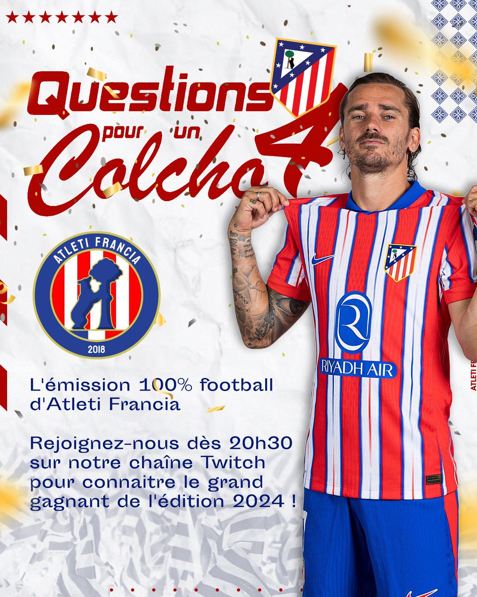 AtletiFrancia's tweet photo. 🚨 𝐂𝐞 𝐬𝐨𝐢𝐫, 𝐜’𝐞𝐬𝐭 𝐥𝐞 𝐠𝐫𝐚𝐧𝐝 𝐬𝐨𝐢𝐫 ! 

Retrouvez-nous sur Twitch pour la 4e édition de 𝑸𝒖𝒆𝒔𝒕𝒊𝒐𝒏𝒔 𝒑𝒐𝒖𝒓 𝒖𝒏 𝑪𝒐𝒍𝒄𝒉𝒐 à partir de 20h30 👀

Au programme, un grand quiz sur l’Atleti et le football en général. Venez tester votre culture foot avec nous, on vous attend nombreux ❤️🤍

https://t.co/9ZJkZBwcFT