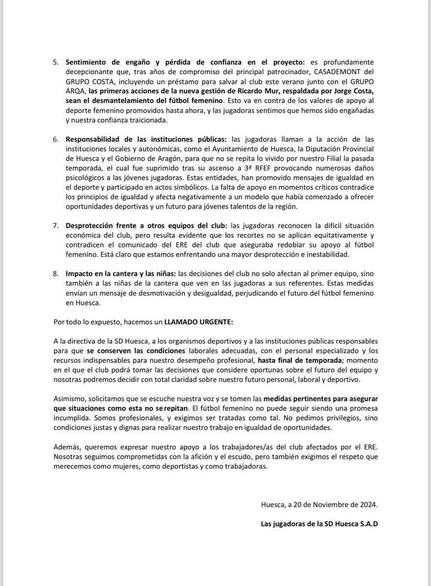Erafutbolfem's tweet photo. 🚨 Comunicado oficial de las jugadoras de la @SDHuescaFem, equipo de 2ªRFEF, tras el ERE anunciado por el club el 8 de octubre para reducir gastos

❌ Denuncian la supresión de la segunda entrenadora, el preparador físico y la delegada de campo, "lo que constituye un claro ejemplo de desmantelamiento del fútbol femenino y envía un mensaje de desprotección y falta de compromiso hacia el deporte femenino"

‼️ Lamentan la vulnerabilidad laboral y personal, el incumplimiento contractual, la pérdida de confianza en el proyecto además del impacto en la cantera y las niñas

📣 Hacen un llamamiento a las instituciones locales y autonómicas, así como al Ayuntamiento de Huesca, la Diputación Provincial de Huesca y el Gobierno de Aragón

🗣️ Piden que se conserven las condiciones laborales adecuadas, con el personal especializado y los recursos indispensables para su desempeño profesional hasta final de temporada
