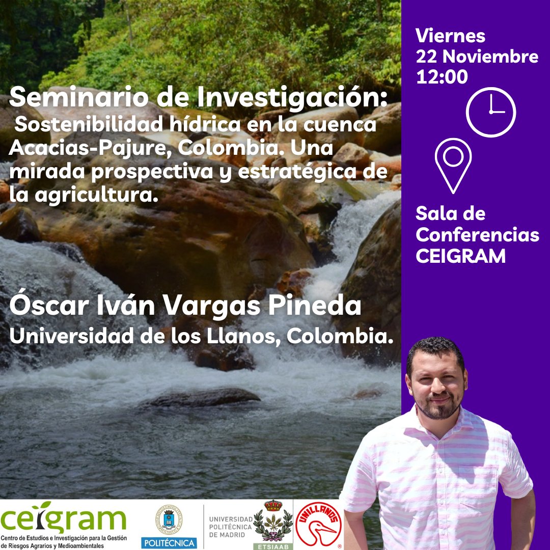 CEIGRAM's tweet photo. ✅NUEVO SEMINARIO SOBRE GESTIÓN DEL AGUA✅
Sostenibilidad hídrica en la cuenca Acacías-Pajure, #Colombia. Una mirada prospectiva y estratégica de la agricultura.
Este viernes, 22/11 en el #CEIGRAM, a las 12:00
💻Online y Presencial
➕Info e Inscripciones: https://t.co/b8YqyTwD7A https://t.co/KySukbBLoS
