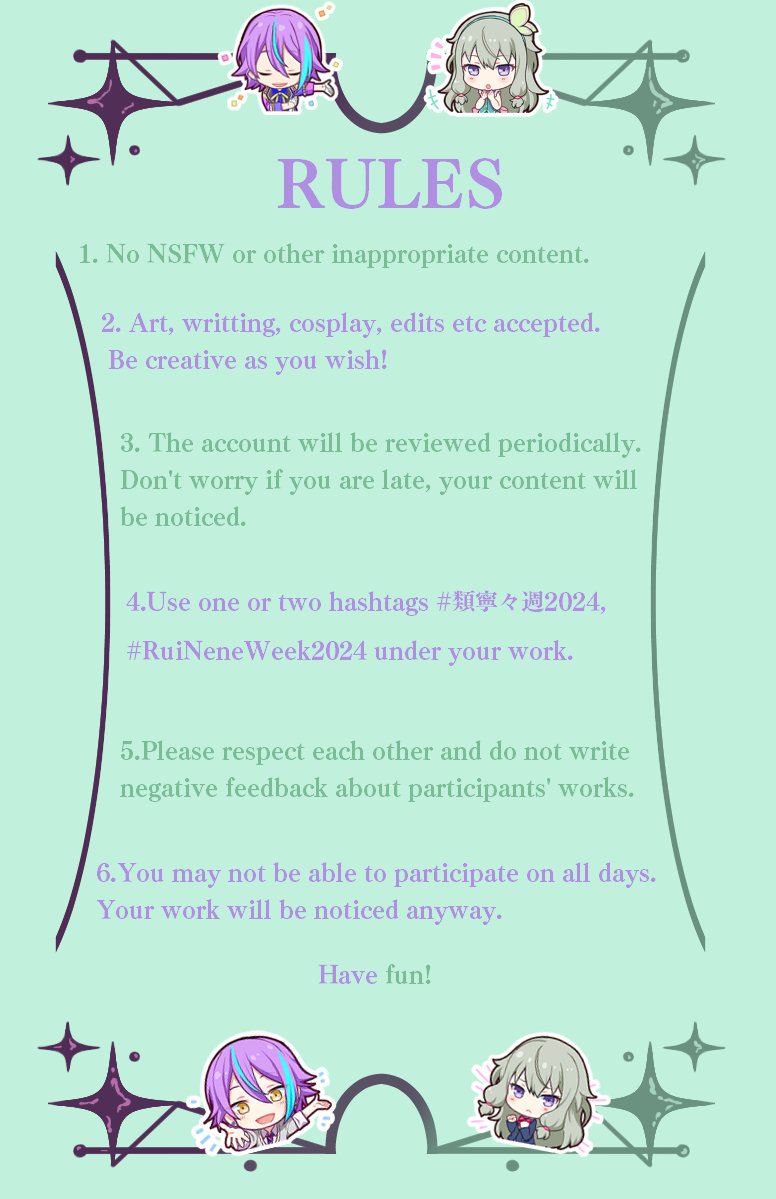 RNNweek's tweet photo. RUINENE WEEK 2024: Prompts and Guide.

DATES: DECEMBER 14th-20th, 2024.

Please, read everything carefully. We look forward to seeing you soon! 

#類寧々週2024 #RuiNeneWeek2024 #ruinene #類寧々 https://t.co/a25jZ6SlmS