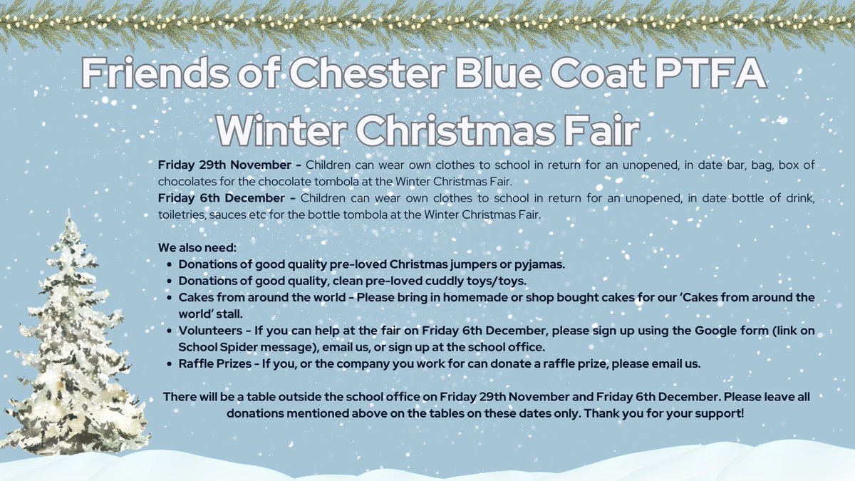 We look forward to welcoming families and friends to our PTFA Winter Christmas Fair at school on Friday 6th December, 3.30pm - 5.30pm. See you there! 🎄❄️