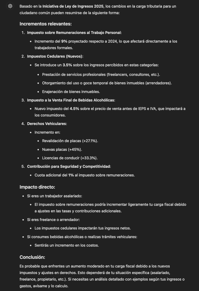h_yeomans's tweet photo. Diputada Ely Sallard y *algunos* medios de comunicación, un tip:

En ChatGPT pueden subir documentos y hacerle preguntas directamente. Por ejemplo, pueden subir la Iniciativa de Ingresos 2025 y preguntar si incluye nuevos impuestos.

Ahora, dos dudas importantes... 👇 https://t.co/KURDNZ0vrO