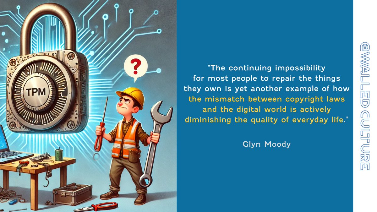 Walled Culture (@walledculture) on Twitter photo Canada's #RightToRepair: <a href="/glynmoody/">Glyn Moody</a> highlights the #TPM paradox, as the legal framework allows bypassing digital locks while banning the selling or sharing of the tools to do so. Another clear mismatch between #copyright & the digital world.
#DigitalRights
walledculture.org/canadas-new-ri… Canada's #RightToRepair: <a href="/glynmoody/">Glyn Moody</a> highlights the #TPM paradox, as the legal framework allows bypassing digital locks while banning the selling or sharing of the tools to do so. Another clear mismatch between #copyright & the digital world.
#DigitalRights
walledculture.org/canadas-new-ri…