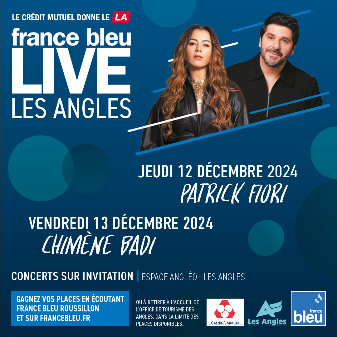 France Bleu LIVE revient aux Angles !

En partenariat avec <a href="/francebleu/">Guédon Laurent</a> .

➡️ 2 jours de concerts gratuits les 12 et 13 décembre
➡️ 2 artistes de FOU <a href="/patrickfiorioff/">Patrick Fiori</a>  et <a href="/chimeneofficiel/">Chimène Badi</a>
➡️ Places dispo à l'accueil de l'OT des angles et sur la radio France Bleu Roussillon