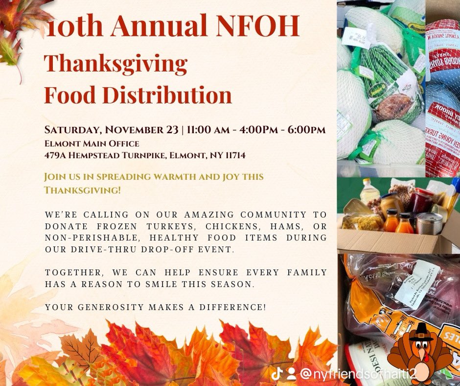 🎉 4 Days to Go! 🎉
The 10th Annual NYFOH Turkey Drive is almost here! 🦃 #nyfoh #turkey #Thanksgiving #elmont #CommunitySupport  #endhunger #elmontny #nonprofit