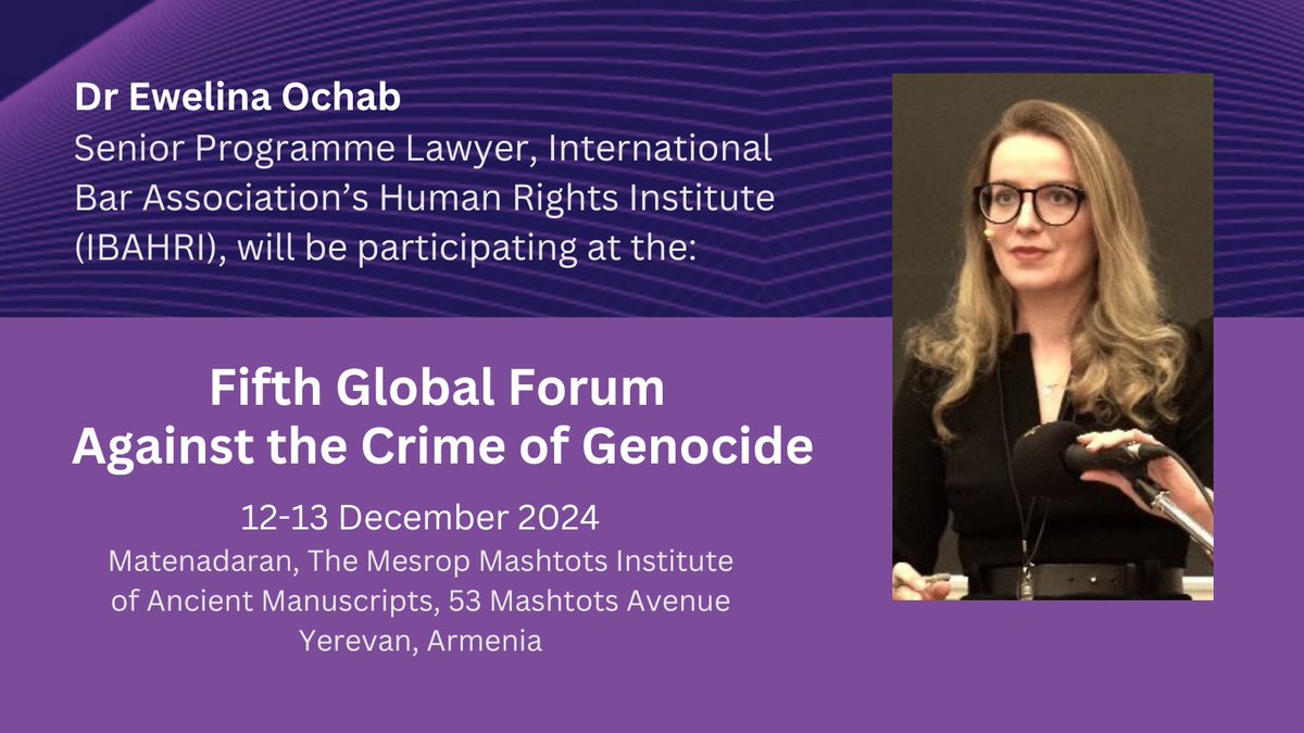 IBAHRI's tweet image. IBAHRI's @EwelinaUO will be speaking at @AgendaToPrevent in Yerevan, #Armenia, 12-13 Dec 2024. This year’s conference focuses on the role of @UN &amp;amp; other int'l mechanisms for early response to the risk of #genocide and other atrocity crimes. 1/3🧵

Info: tinyurl.com/5n6nnw7s