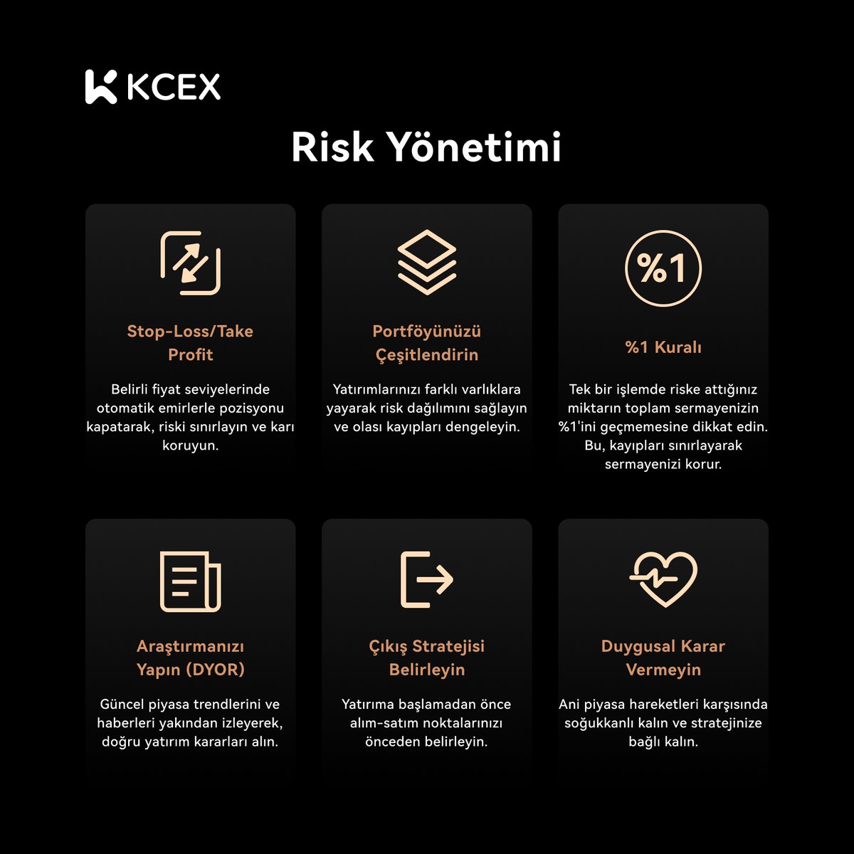 KCEX_Turkey's tweet photo. 🎯 Risk Yönetimi
Doğru risk yönetimiyle yatırımlarınızı güvence altına alın! 🔐📈

#KCEX