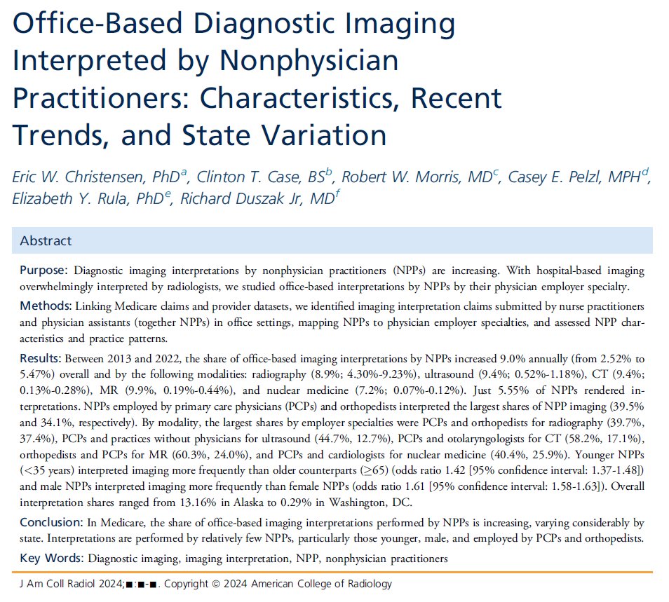 Rich Duszak, MD (@richduszak) on Twitter photo If you’re a Medicare beneficiary, depending on your location, there’s as much as a 20% chance an NP or PA (not a physician/radiologist!) will interpret your imaging study. New work out today by our <a href="/UMMCRads/">UMMC Department of Radiology</a> and <a href="/NeimanHPI/">Neiman HPI</a> team. 🧵Below. 1/11 If you’re a Medicare beneficiary, depending on your location, there’s as much as a 20% chance an NP or PA (not a physician/radiologist!) will interpret your imaging study. New work out today by our <a href="/UMMCRads/">UMMC Department of Radiology</a> and <a href="/NeimanHPI/">Neiman HPI</a> team. 🧵Below. 1/11