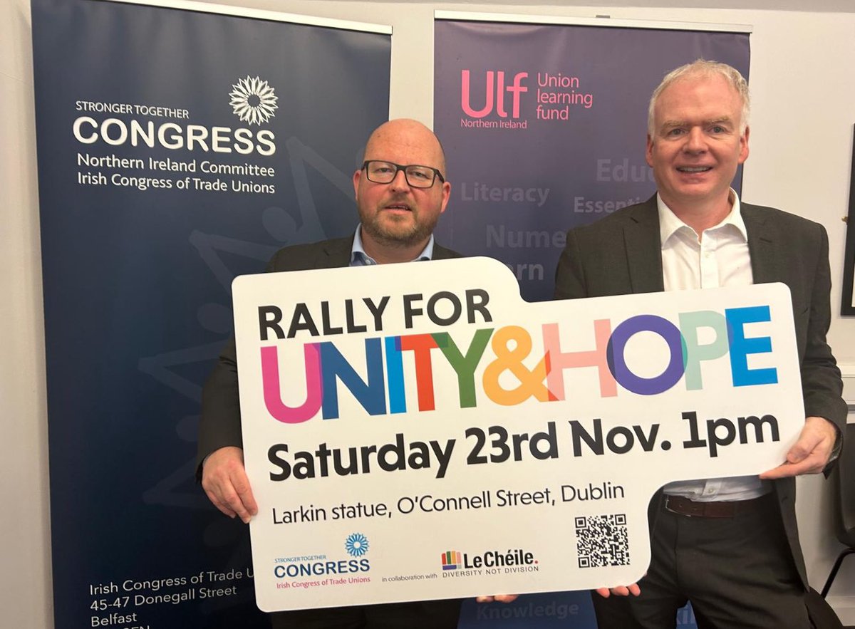 Irish Congress (ICTU) (@irishcongress) on Twitter photo Do you believe in an Ireland that works for all, no matter who we are or where we’re born?
March together for homes, healthcare, solidarity & unity over division.
<a href="/irishcongress/">Irish Congress (ICTU)</a> & <a href="/LeCheileDND/">Le Chéile #IrelandForAll</a> Rally for Unity & Hope.
Saturday 23 Nov, 1pm.
Larkin statue, O’Connell St, Dublin. Do you believe in an Ireland that works for all, no matter who we are or where we’re born?
March together for homes, healthcare, solidarity & unity over division.
<a href="/irishcongress/">Irish Congress (ICTU)</a> & <a href="/LeCheileDND/">Le Chéile #IrelandForAll</a> Rally for Unity & Hope.
Saturday 23 Nov, 1pm.
Larkin statue, O’Connell St, Dublin.