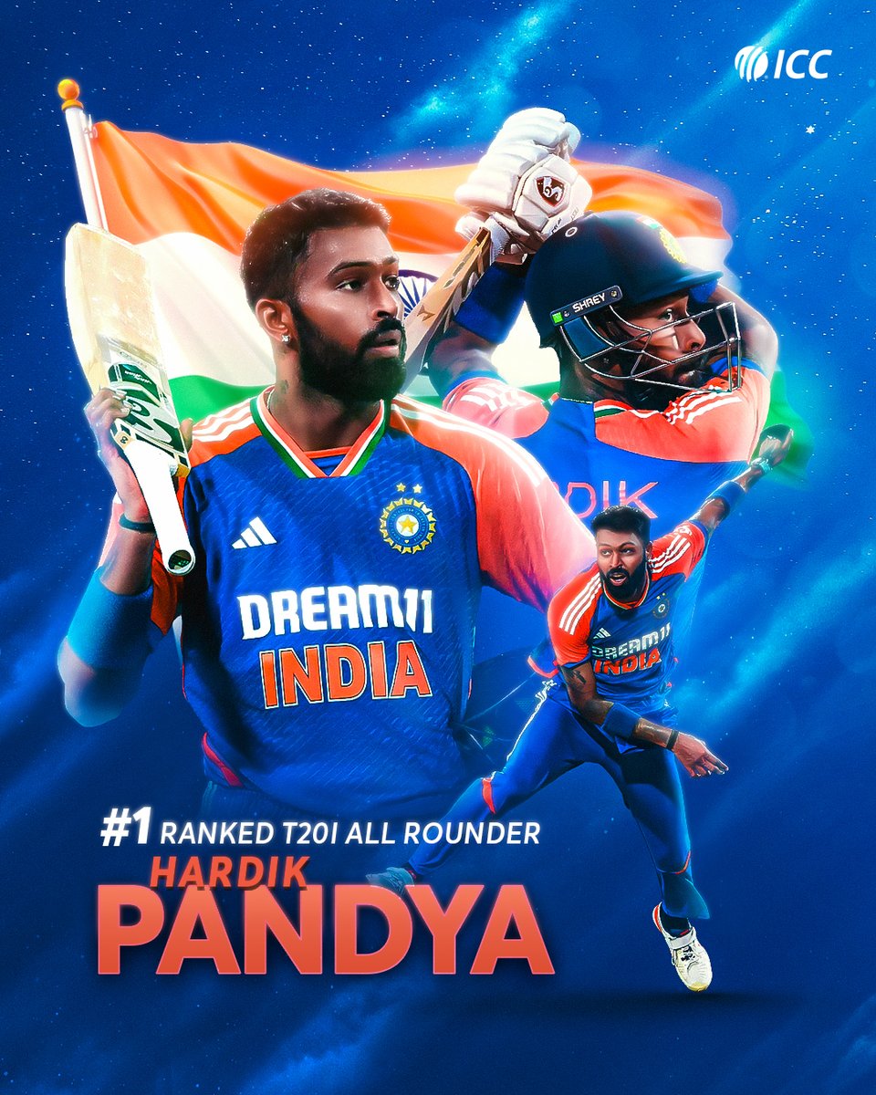 ICC's tweet photo. Hardik Pandya returns to take over the No.1 spot in the men's T20I all-rounder rankings 💪

➡: https://t.co/TvfJAGydPv https://t.co/O27kykFp5S
