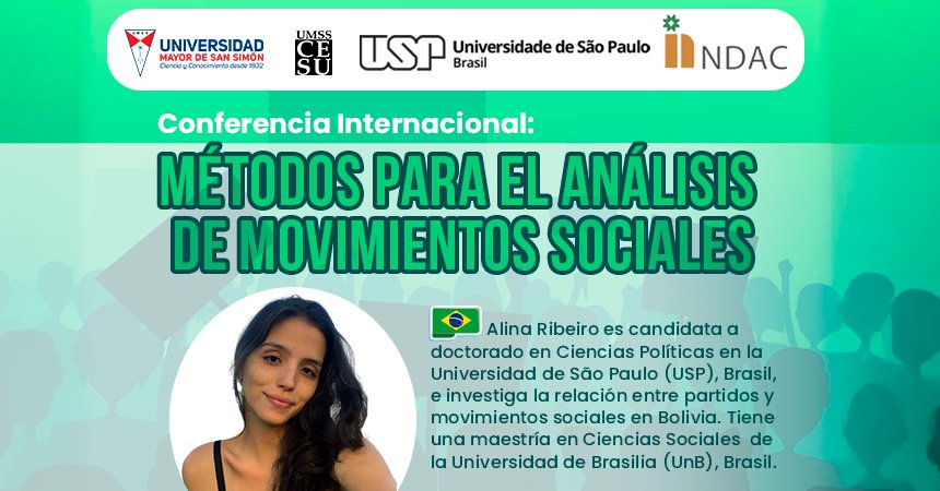 ✅ Conferencia Internacional: Métodos para el análisis de movimientos sociales
👨‍🎓 Facilitadora: <a href="/alinaribeiroo/">alina ribeiro</a> 
📅 Hoy miércoles 20 de noviembre de 2024
⏰ Hora: 19:00
🏢 Calle Calama #235 (frente al banco Mercantil Santa Cruz)
#Cesu2024 #CesuUmss #PosgradosOnline #CursosOnline