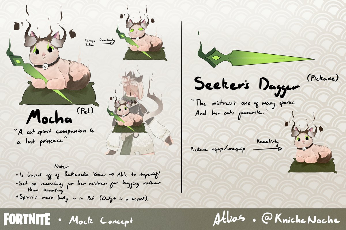 AtliasYippee's tweet photo. Presenting Mocha! A cat spirit bound to the mortal realm, manifesting her lost mistress. Loosely based off of Bakeneko Yokai folklore.

I'm a bit late - Hopefully Jojo at least sees and reacts to this. If not at least here's a post😭

#jojojosiahFSCC #fortnite #fortniteconceptart https://t.co/vwoFXkK9QL