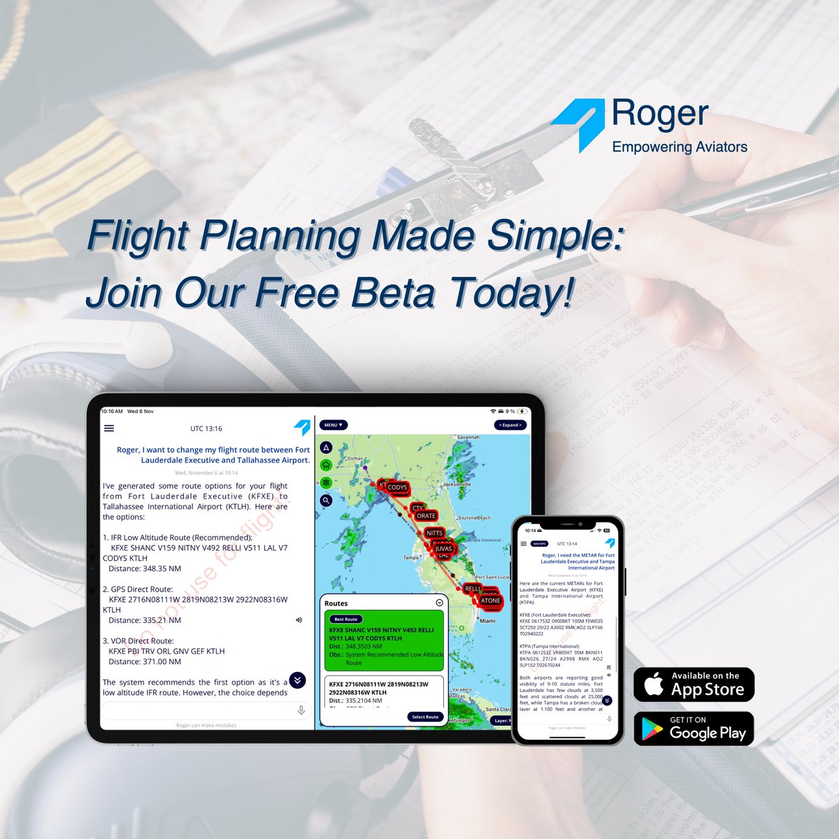 ✈️ Flight Planning Made Simple: 👉 Join our free beta today! flyingroger.com
🛩️ Say goodbye to complex, manual flight planning.
✅ Automated route planning
🌦️ Weather &amp; airspace information
📖 Streamline access to flight information and knowledge
🧑‍✈️Be part of our growing