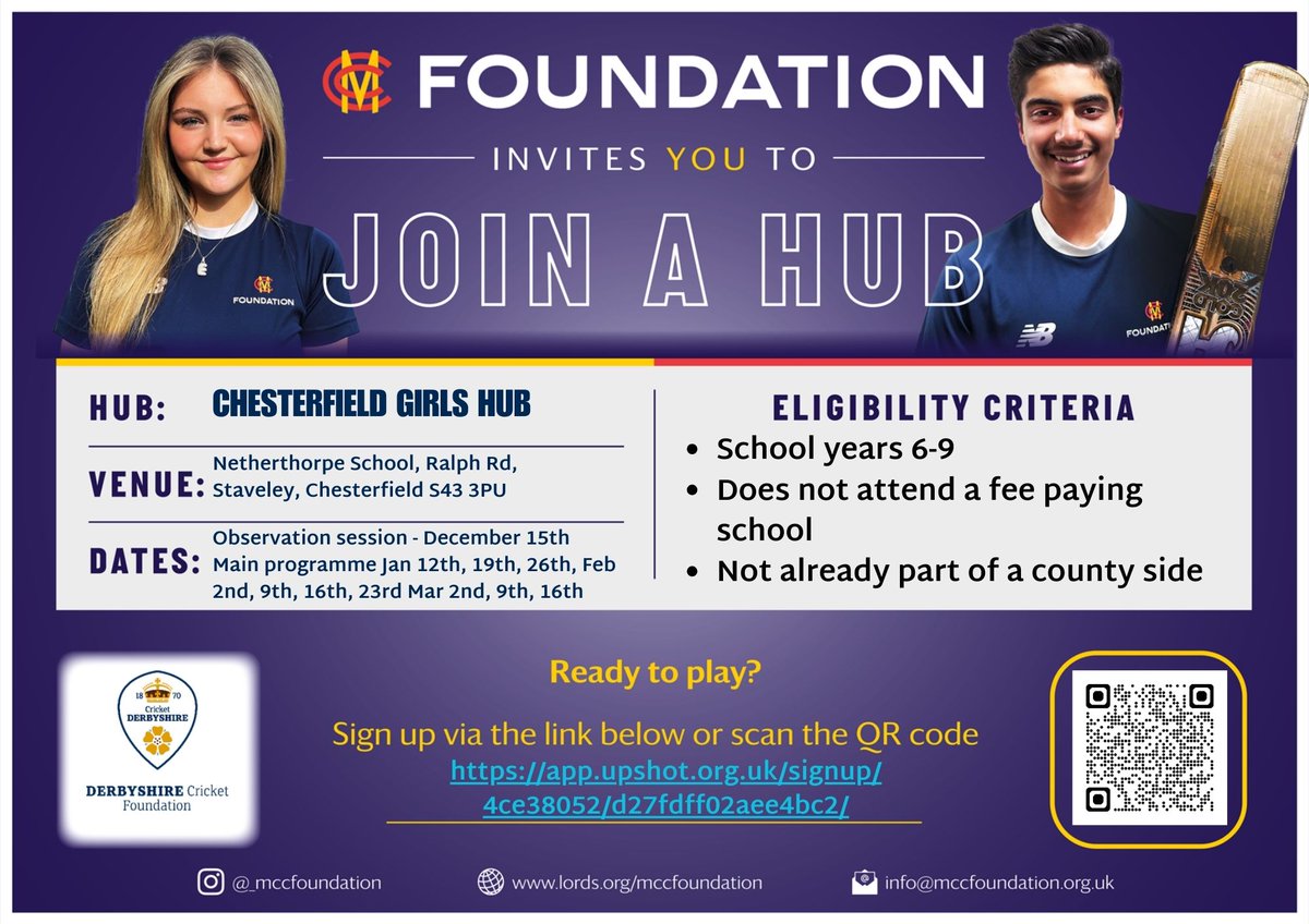 🚨Reminder🚨

There is still time to sign up for this year's <a href="/_MCCFoundation/">MCC Foundation</a> Hubs in Chesterfield.

We’re running trials for the following programmes in December:

Chesterfield Girls - U12 &amp; U14 - tinyurl.com/chesterfield-g…

Sign up via the QR code or clicking the link above.