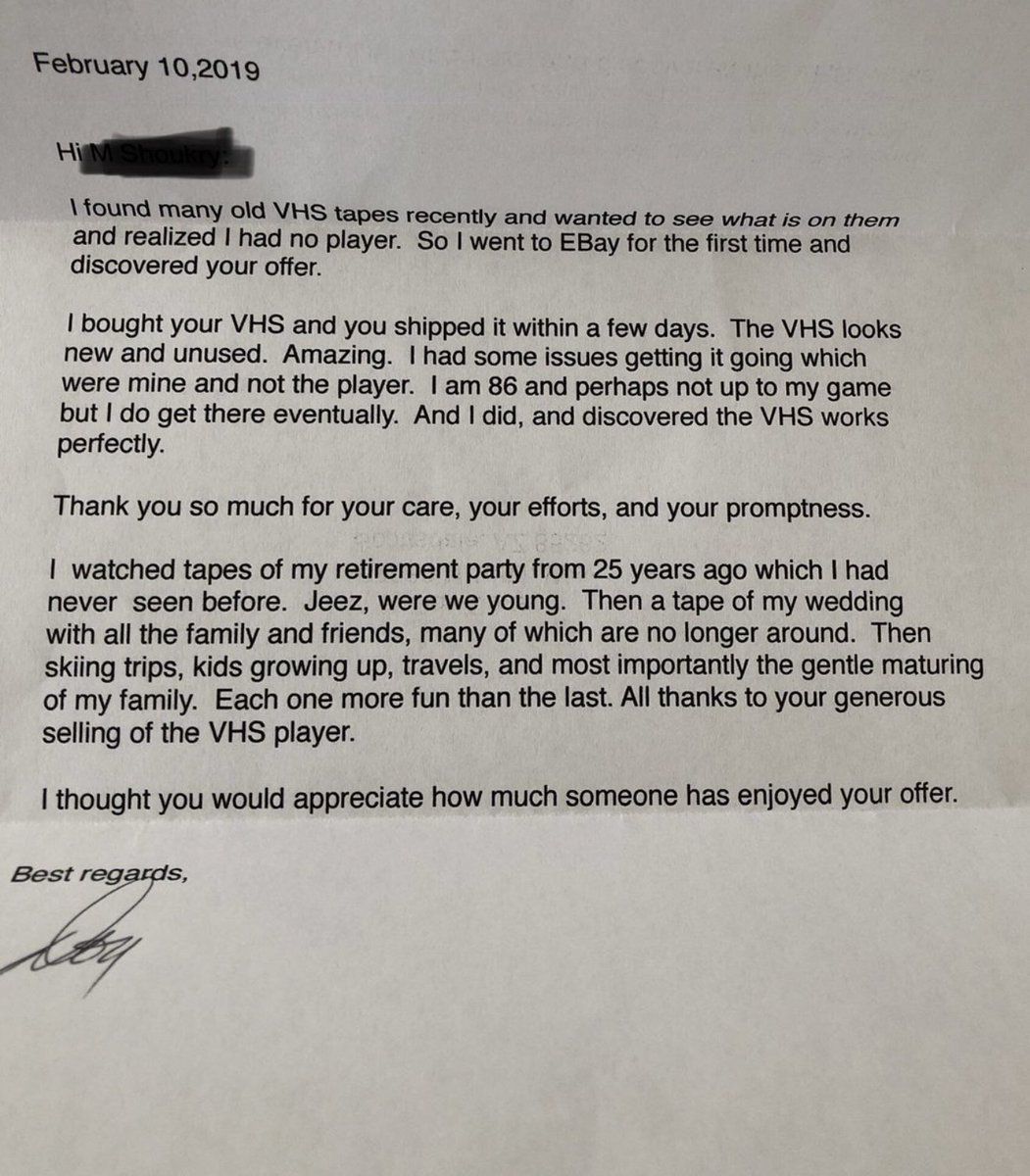 Letter from an 86-year-old to the eBay seller who sold him a VCR