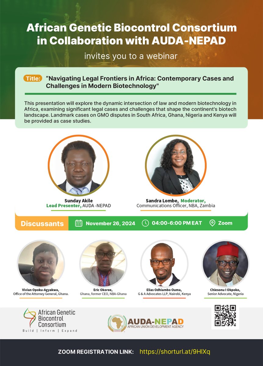 📢Webinar Alert!!! Save the Date! 
Topic: Navigating Legal Frontiers in Africa: Contemporary Cases and Challenges in Modern Biotechnology 
🗓️Date: November 26, 2024
⏰ Time: 4pm to 6pm EAT
📌Location: Zoom      

Register 👉 shorturl.at/9HlXq

#modernbiotechnology #Legal