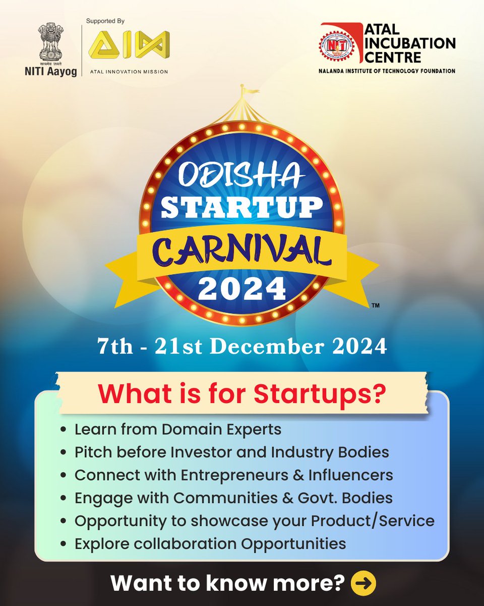 Odisha_Carnival's tweet image. Odisha Startup Carnival 2024!
This year’s carnival brings a host of opportunities for startups.

From expert guidance and impactful networking to opportunities for showcasing your innovations, OSC 2024 is here to support startups at every step of your journey.

#aicnalanda #osc
