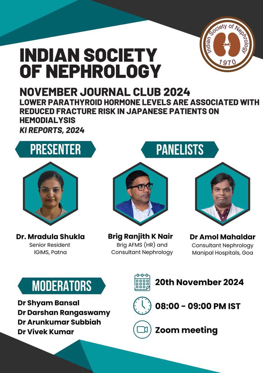 TODAY Nov 20, 2024 08:00 PM IST
Topic: ISN JOURNAL CLUB WEBINAR
Please click the link below to join the webinar:
us02web.zoom.us/j/87604592291?…
Passcode: 082086
Valuable insights into the complex relationship between PTH levels, bone health, &amp; # risks in pts undergoing HD