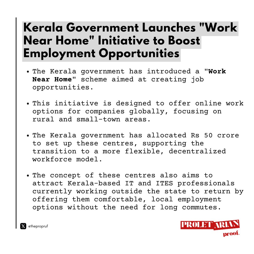 thepropruf's tweet image. 🚨Kerala launches &apos;Work Near Home&apos; initiative reshaping IT employment with localized opportunities, boosting local economies🧑‍💻👩‍💻

#Kerala #WorkNearHome