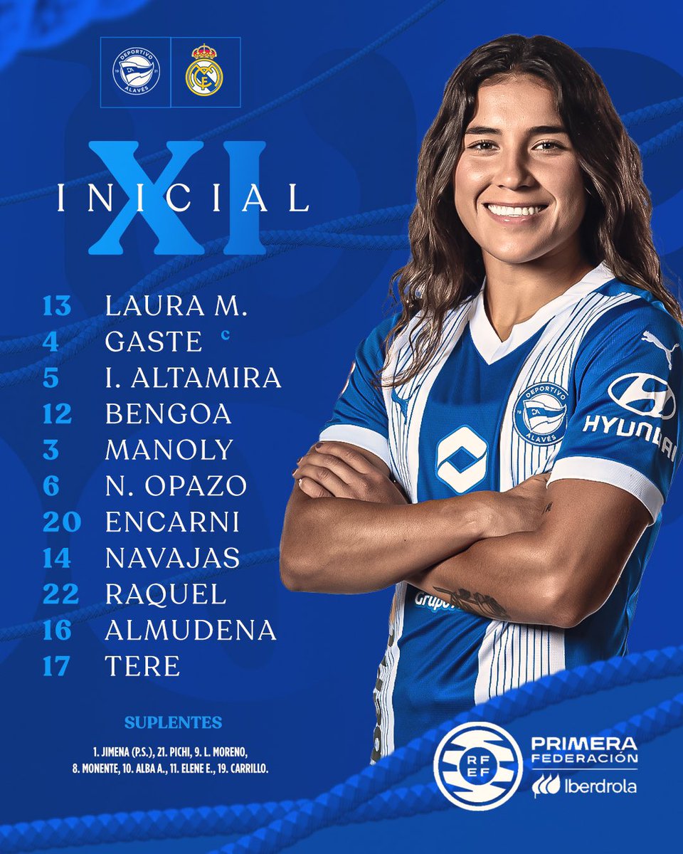 AlavesFem's tweet photo. ⚔️ 𝐇𝐚𝐦𝐚𝐢𝐤𝐚𝐤𝐨𝐚 ⚔️

¡Las once de @andreaesteban10 para saltar al césped de Ibaia 🆚 @realmadridfem B!

#AlavésRealMadridB
#PrimeraFederaciónIberdrola
#GoazenGloriosas ⚪️🔵 https://t.co/LpyxDnHxjT
