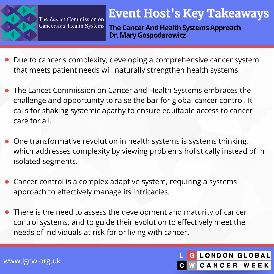 London Global Cancer Week (@lgcw2024) on Twitter photo Key Insights from Dr. <a href="/marykge/">Mary Gospodarowicz</a> at #LondonGlobalCancerWeek. Dr. Mary Gospodarowicz shared transformative perspectives from <a href="/TheLancet/">The Lancet</a> Commission on Cancer and Health Systems, highlighting the need for systemic change to ensure equitable access to #cancercare for all. Key Insights from Dr. <a href="/marykge/">Mary Gospodarowicz</a> at #LondonGlobalCancerWeek. Dr. Mary Gospodarowicz shared transformative perspectives from <a href="/TheLancet/">The Lancet</a> Commission on Cancer and Health Systems, highlighting the need for systemic change to ensure equitable access to #cancercare for all.