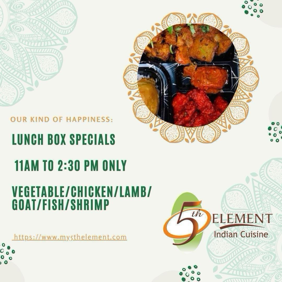 My5thElementPC's tweet photo. 🇮🇳Spice up your lunch with our special lunch box menu featuring veggie, chicken, lamb, goat, fish &amp; shrimp options! Order online and enjoy authentic Indian flavors from My 5th Element. Starting at $10.99 🍛🍚 #my5thelement #lunchbox #indianfood https://t.co/Db3FFhr86S