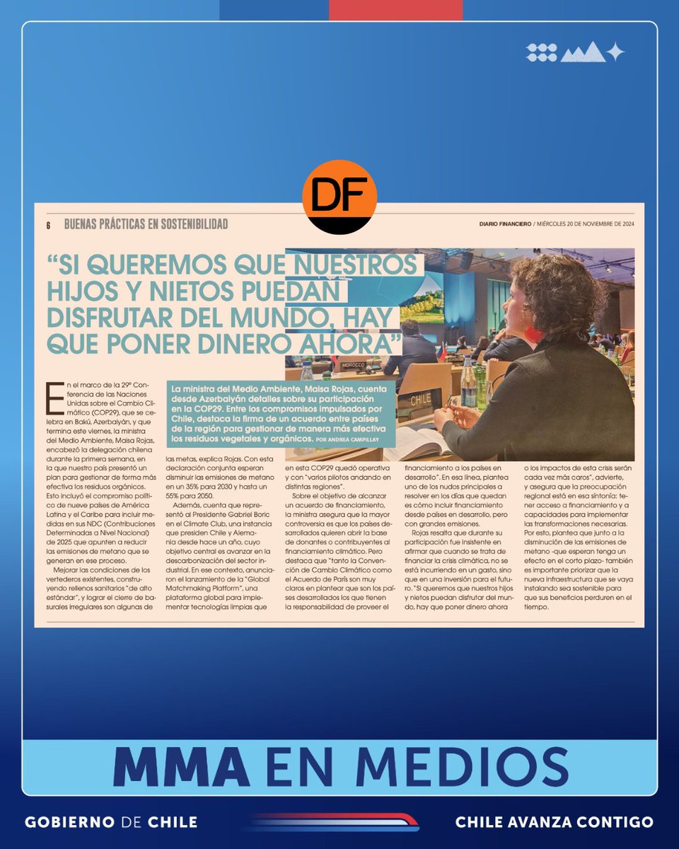 📰 MMA en medios | En entrevista con Diario Financiero, la ministra Maisa Rojas detalló la participación la delegación chilena en la hashtag#COP29🌎 y el acuerdo que impulsó nuestro país, junto a países de Latinoamérica, para la gestión efectiva de residuos orgánicos. 

Lee más👇🏽