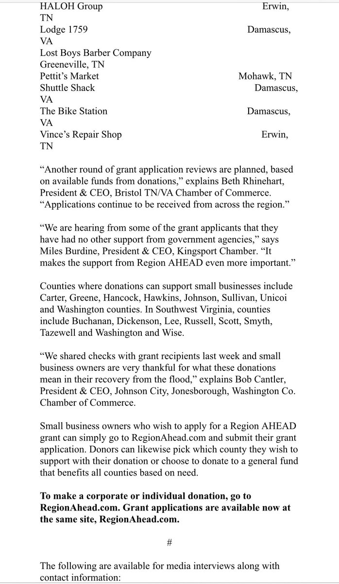 Another round of grants totaling $125,000 have been issued to 13 additional small businesses impacted by the September flooding by Region AHEAD The latest round brings financial support to a total of 41 businesses in Northeast Tennessee and Southwest Virginia from $561,000.