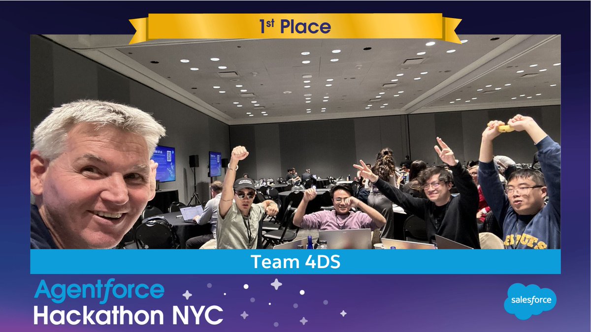 The moment you’ve been waiting for.... the winners of Agentforce Hackathon NYC are: 

🥇 Team 4DS 
🥈 Team GAIL 
🥉 Team AINIGMA 

Team 4DS snagged first place with an Agentforce solution that brings employees together—planning events, suggesting dining spots, and managing