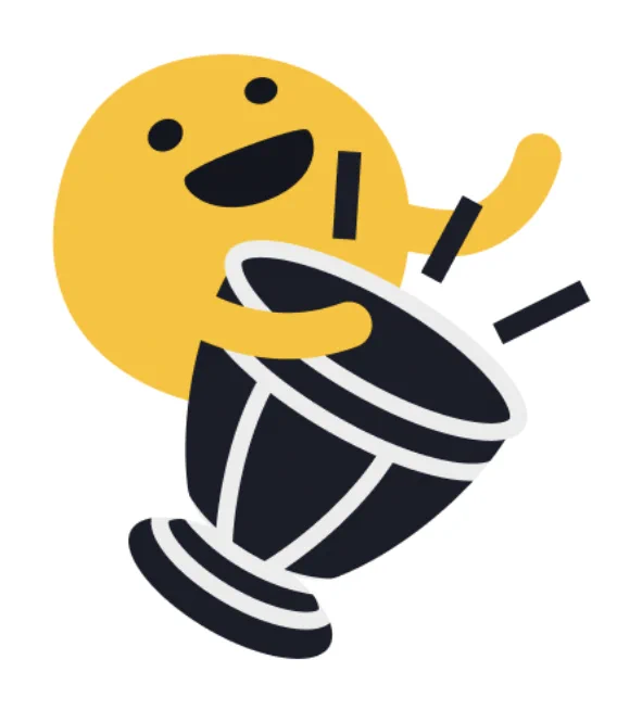 Puzzmo mascot gleefully playing a bongo drum