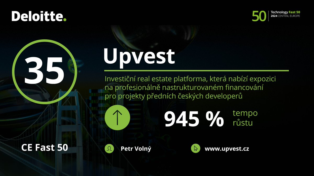 upvestcz's tweet photo. Minulý týden se https://t.co/KkTjJB7R6Y zůčastnil 25. Ročníku Deloitte Technology #Fast50, kde se v hlavním žebříčku umístil na 35. místě mezi padesáti nejrychleji rostoucími technologickými společnostmi ve střední Evropě 📊

#Fast50Community #Startups #TechnologyFast50 #upvestcz https://t.co/paLlYdVB0Q