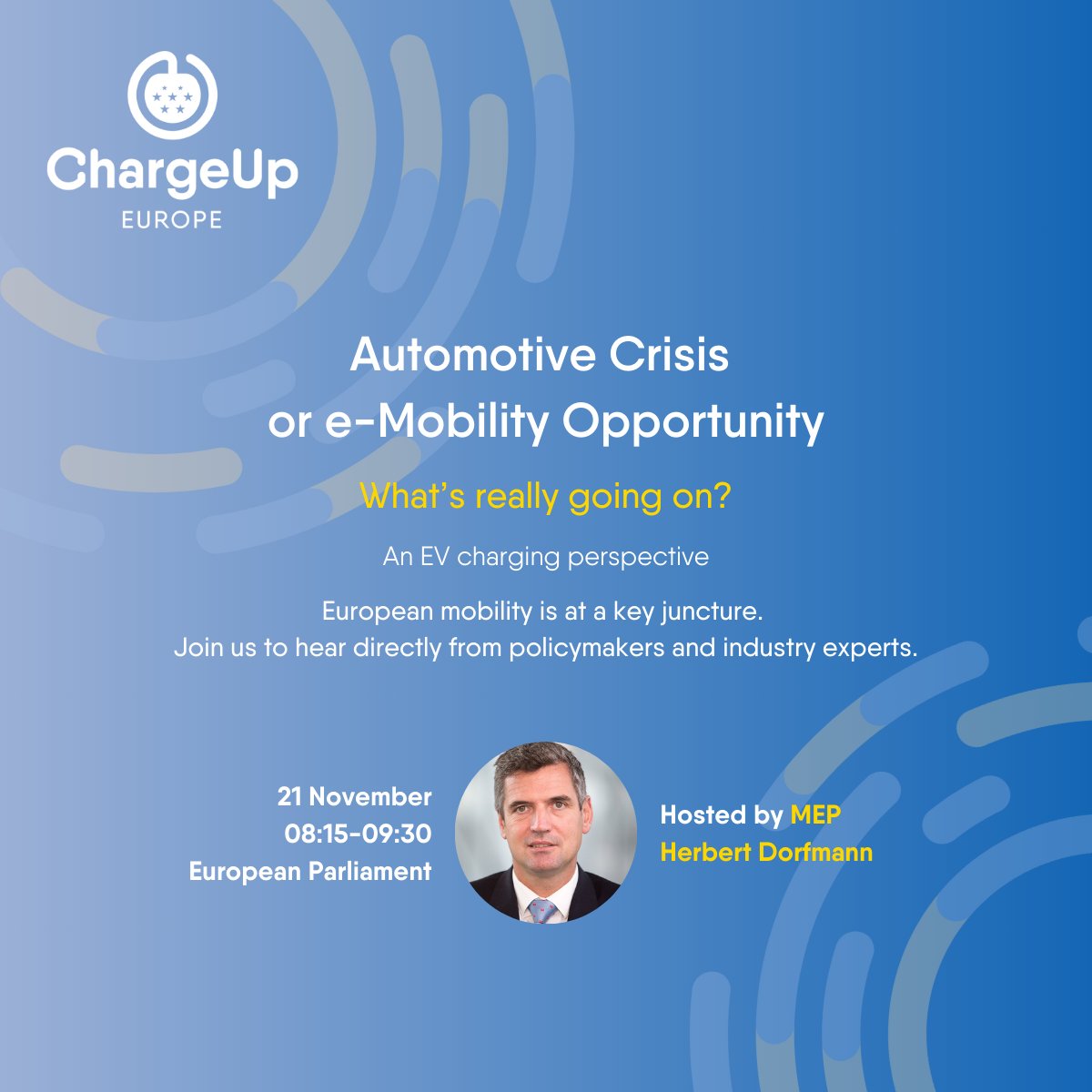 What's really going on: Automotive Crisis or #eMobility Opportunity? ⚡️ Find out tomorrow morning!

In our @EUParliament event, policy &amp; industry experts will debate what policymakers need to do to support the electric transition.

Tune in live 08:15 CET➡️ chargeupeurope.eu/livestream-cri…