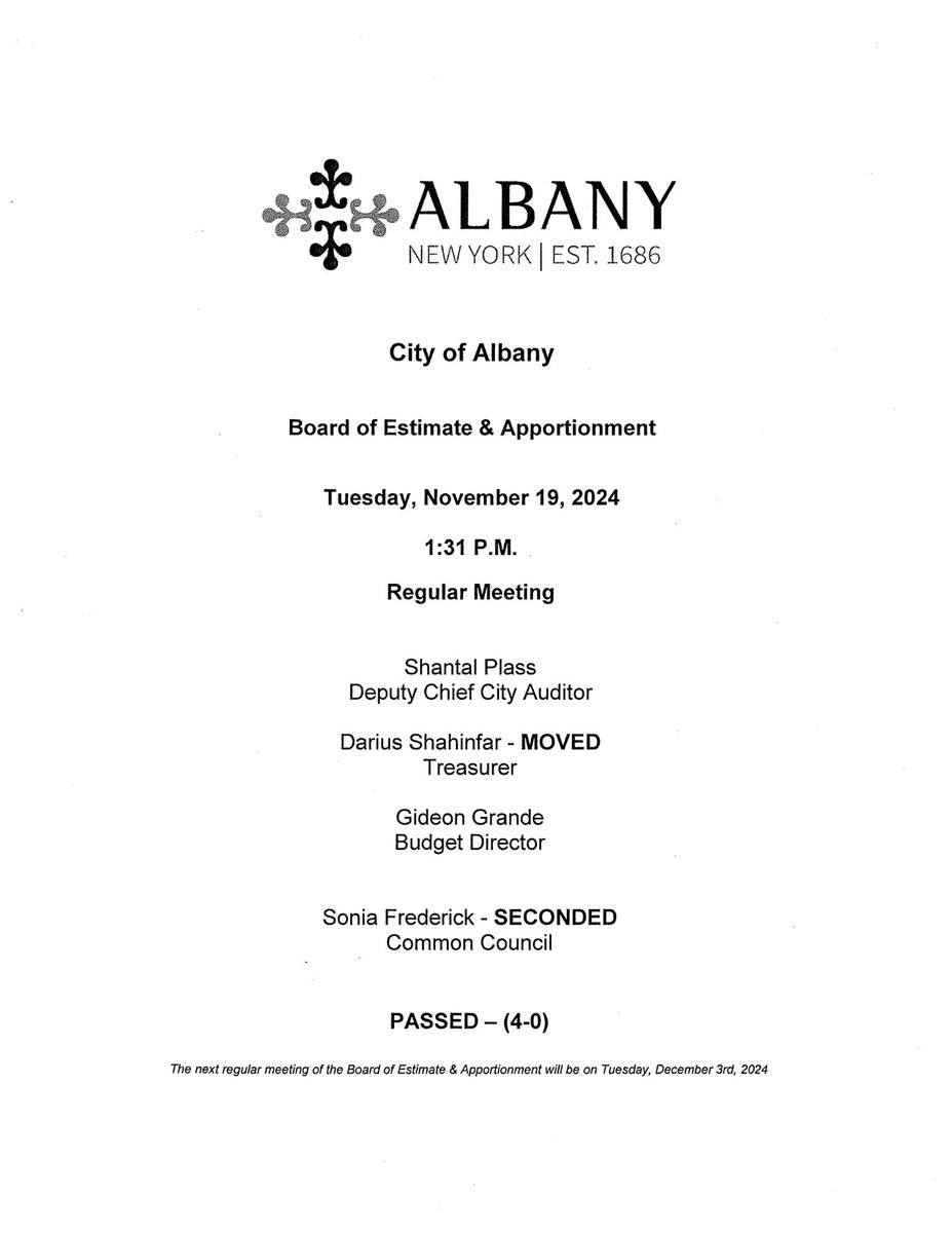 The approved  agenda for Tuesday, November 19th, 2024, Board of Estimate and Apportionment meeting is available on the city website: albanyny.gov/AgendaCenter/B…