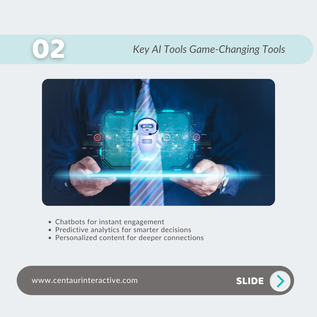 CentaurIntractv's tweet photo. The future of marketing is AI-powered! 🌐🤖 From real-time insights to hyper-personalized strategies, AI is transforming the digital landscape. Are you ready to lead the change?  #DigitalMarketing #AIRevolution #FutureReady 
sales@centaurinteractive.com  https://t.co/j3DRjG0DhE https://t.co/wcbPyLM9Da