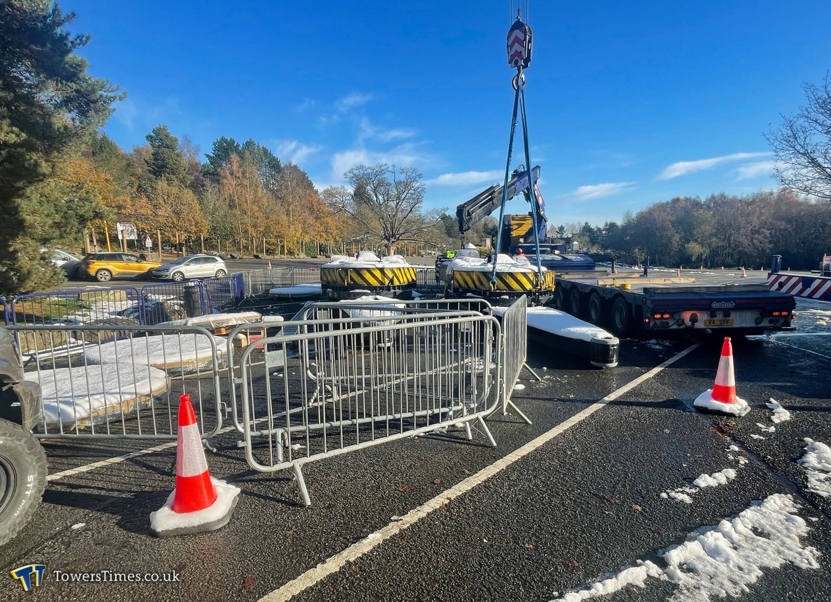 TowersTimes's tweet image. The first major elements of Project Ocean’s ride system have been delivered to Alton Towers and look to be the two main supports & arms for a HUSS Top Spin! Following yesterday’s snowfall, the components are now in the process of being moved to Forbidden Valley for installation.