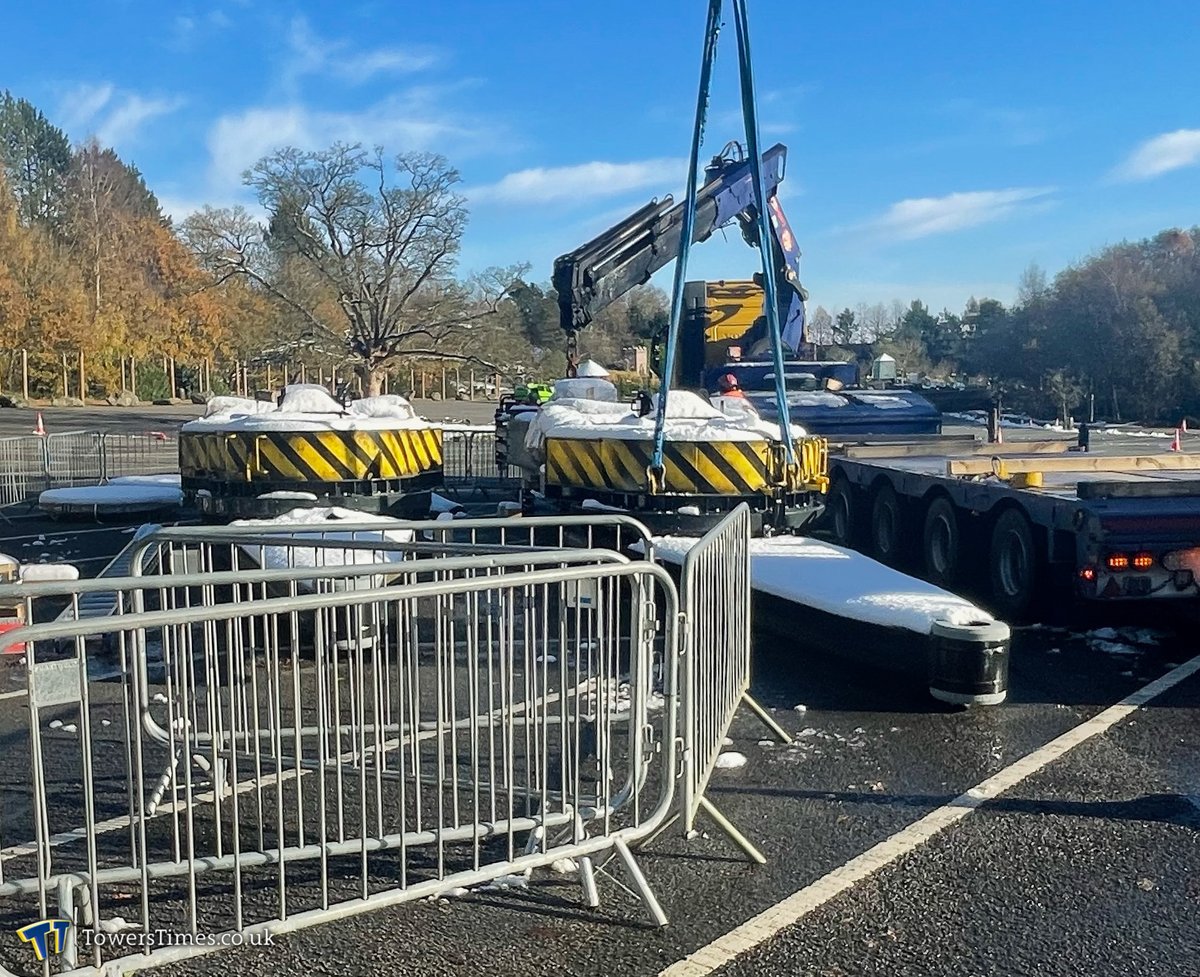 TowersTimes's tweet image. The first major elements of Project Ocean’s ride system have been delivered to Alton Towers and look to be the two main supports & arms for a HUSS Top Spin! Following yesterday’s snowfall, the components are now in the process of being moved to Forbidden Valley for installation.