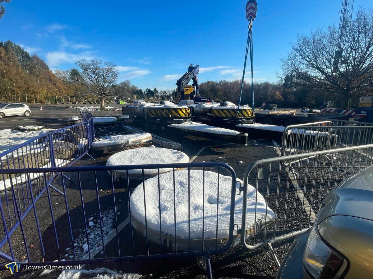 TowersTimes's tweet image. The first major elements of Project Ocean’s ride system have been delivered to Alton Towers and look to be the two main supports & arms for a HUSS Top Spin! Following yesterday’s snowfall, the components are now in the process of being moved to Forbidden Valley for installation.