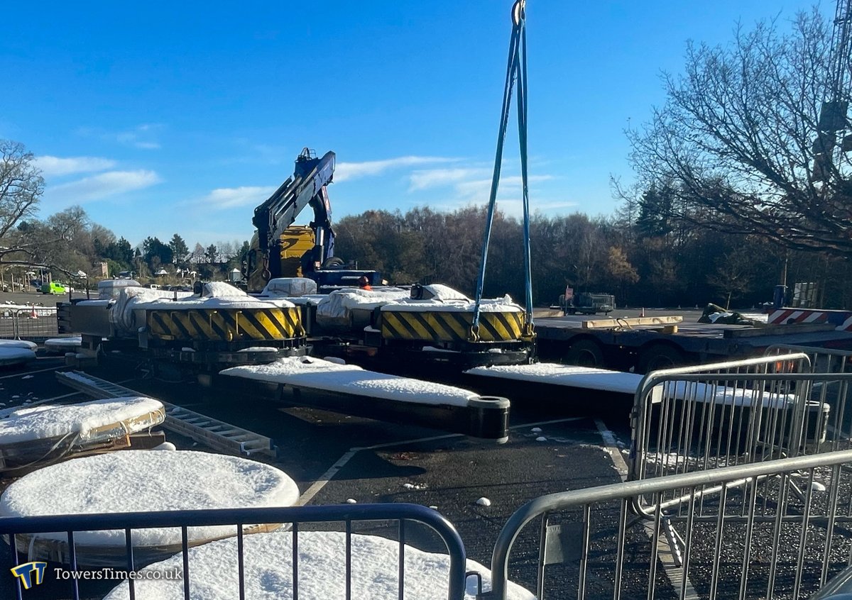 TowersTimes's tweet image. The first major elements of Project Ocean’s ride system have been delivered to Alton Towers and look to be the two main supports & arms for a HUSS Top Spin! Following yesterday’s snowfall, the components are now in the process of being moved to Forbidden Valley for installation.
