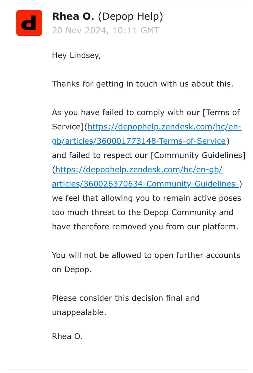 lindseysbraino's tweet photo. hey @depop you banned me without any reason. stop having bots do the work for you and actually look into whether there was an issue or not https://t.co/1Q5Fo0lyma