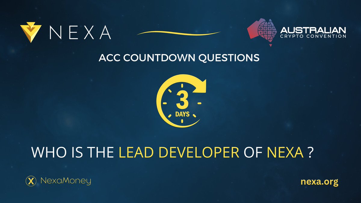 NexaMoney's tweet image. 📢 Countdown to the @AusCryptoCon keep going!
Share and answer the question correctly, and win up to 10M NEXA coins!
Who is the Lead Developer of Nexa?
A) Andrew Stone
B) Gavin Wood
C) William Entriken
Like, share & drop your answers in the X/Twitter comments section! ✍️