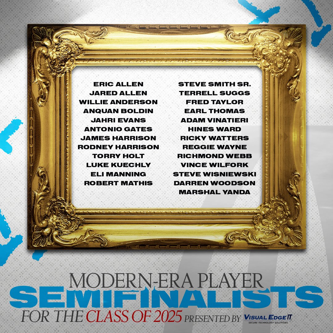 Pro Football Hall of Fame (@profootballhof) on Twitter photo 🚨NEWS🚨
The 25 Modern-Era Player Semifinalists have been selected for the Pro Football Hall of Fame Class of 2025, presented by <a href="/visualedgeit/">Visual Edge IT</a>. #PFHOF25
Full story: profootballhof.me/3ZgvYwM 🚨NEWS🚨
The 25 Modern-Era Player Semifinalists have been selected for the Pro Football Hall of Fame Class of 2025, presented by <a href="/visualedgeit/">Visual Edge IT</a>. #PFHOF25
Full story: profootballhof.me/3ZgvYwM